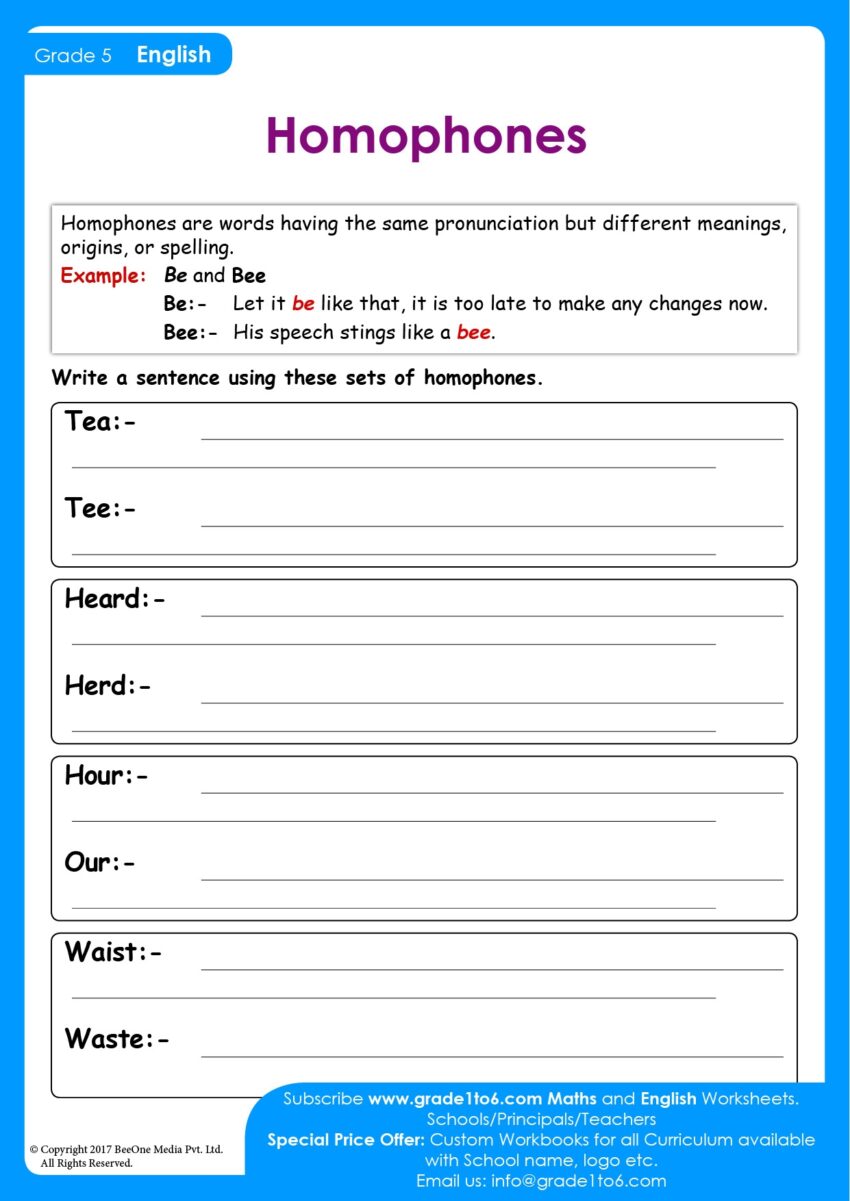 Homophones Worksheet Grade 5 PYP Grade1to6