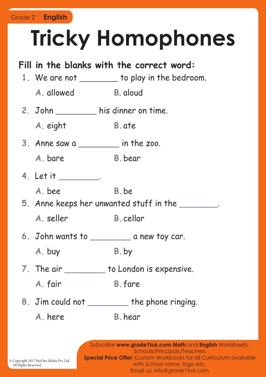 Homophones Worksheets Grade1to6 Worksheets Library