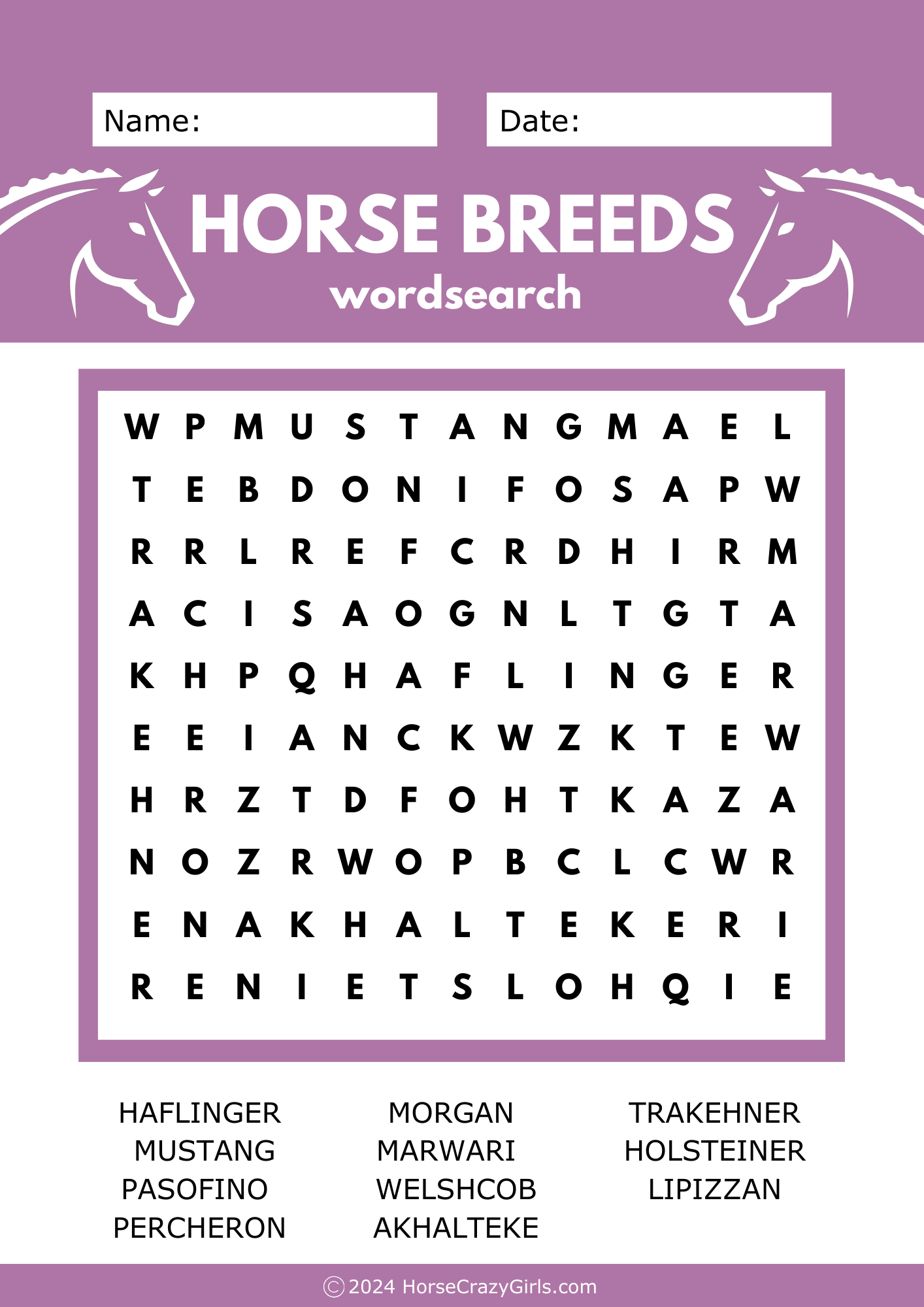 Horse Breeds Printable Worksheet