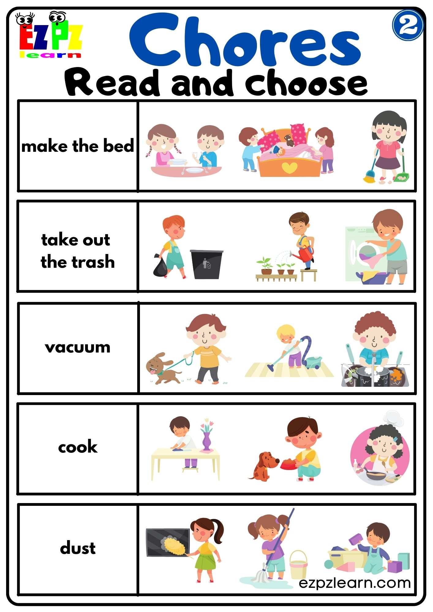 Household Chores Vocabulary Read And Choose Worksheet For Children And ESL Students Download Free Group 2 Ezpzlearn