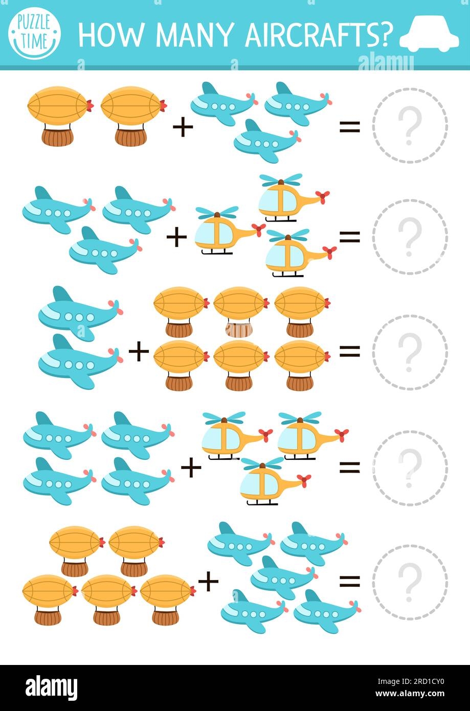 How Many Aircrafts Game Air Transportation Math Addition Activity For Preschool Children Simple Transport Printable Counting Worksheet For Kids With Stock Vector Image U0026 Art Alamy