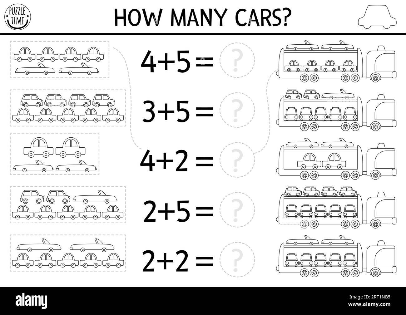How Many Cars Black And White Game Transportation Math Addition Activity For Preschool Children Line Transport Printable Counting Worksheet Or Color Stock Vector Image Art Alamy