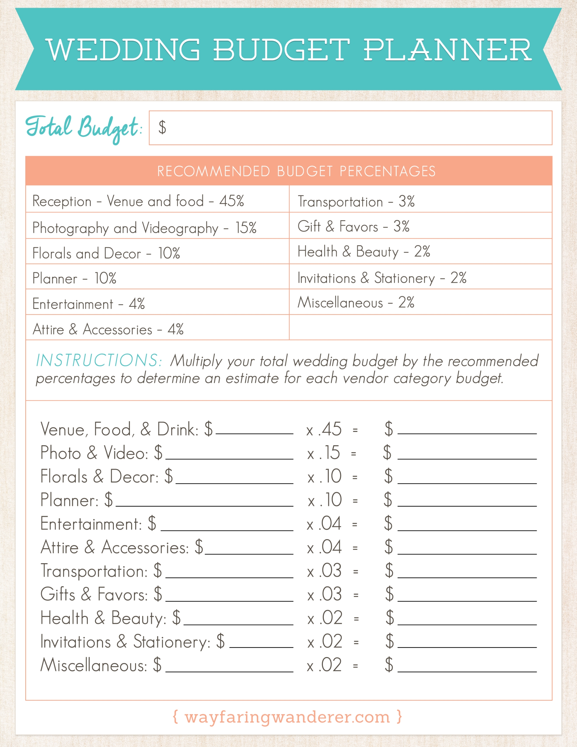 Printable Wedding Budget Planner Worksheet