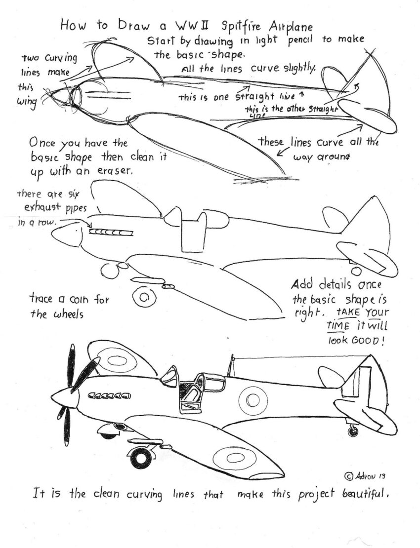 How To Draw Worksheets For The Young Artist How To Draw An Airplane Worksheet WWII Spitfire