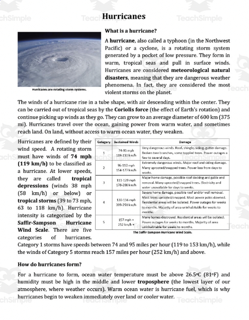 Hurricanes Reading Comprehension Article Hurricanes Reading Comprehension Article