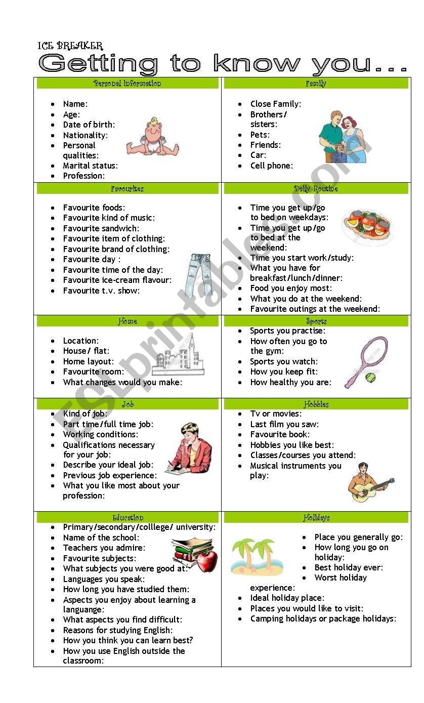 ICEBREAKER FOR YOUNG LEARNERS AND ADULTS ESL Worksheet By Greenwood