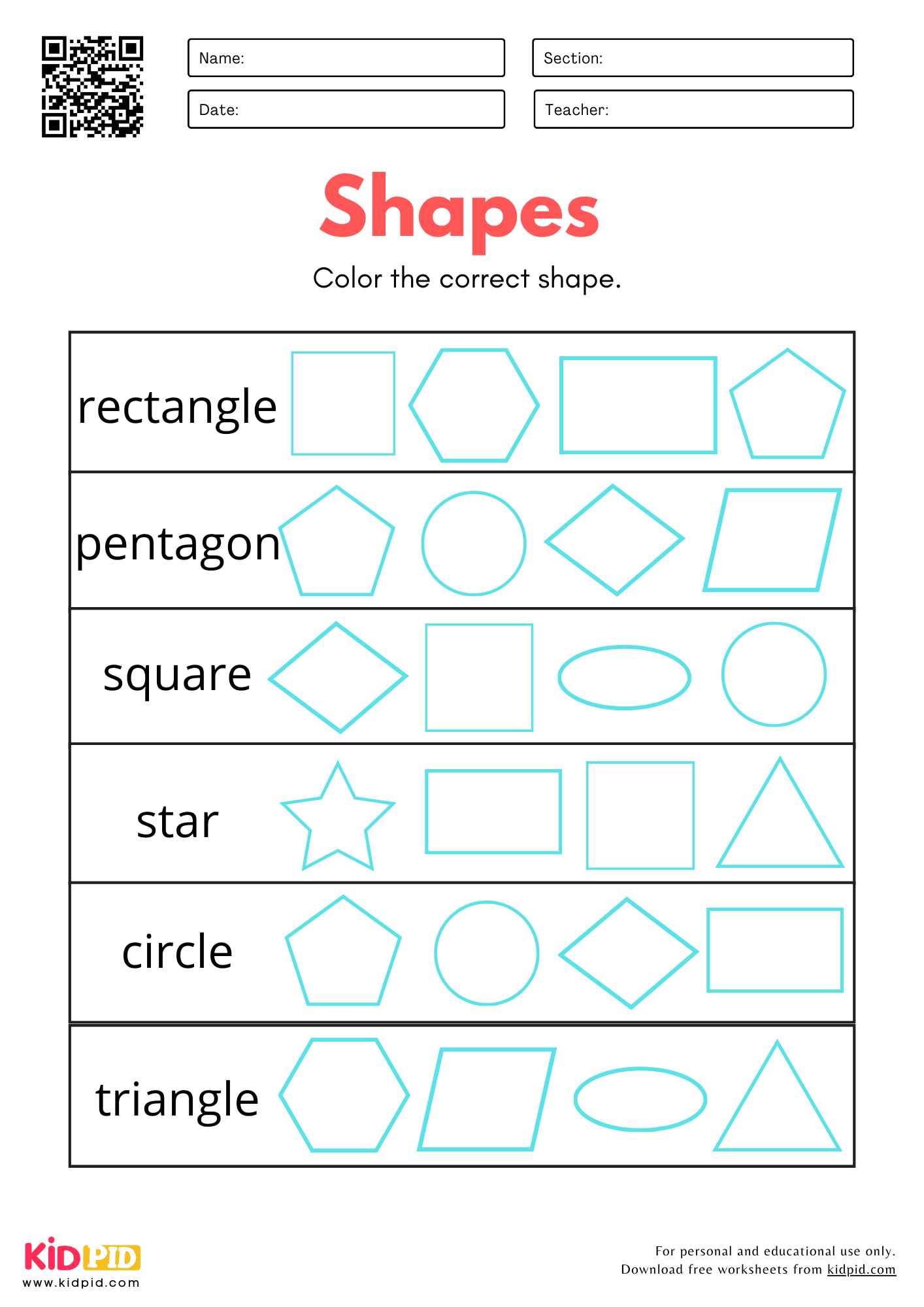 Identify 2D Shapes Worksheet For Kindergarten Kidpid Identify 2D Shapes Worksheet For Kindergarten Kidpid