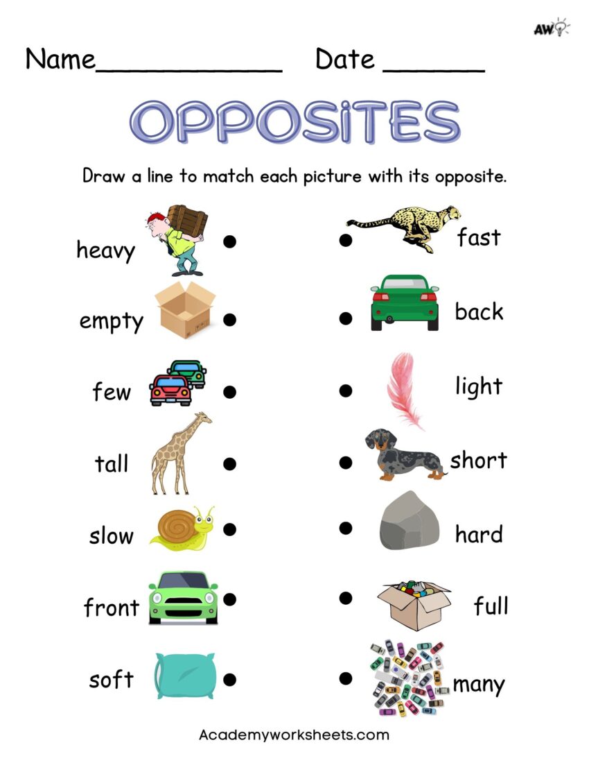 Identifying Opposites For Kindergarten And 1st Grade Academy Worksheets