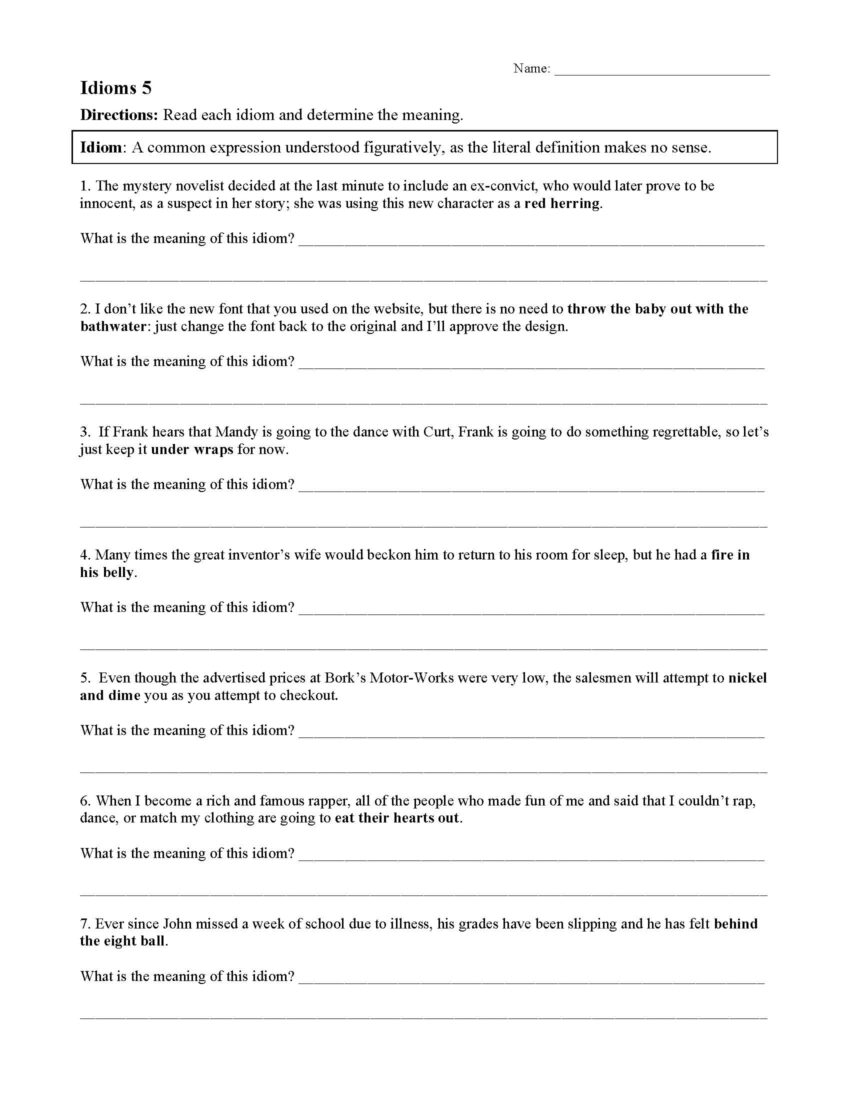Idiom Worksheet 5 Reading Activity