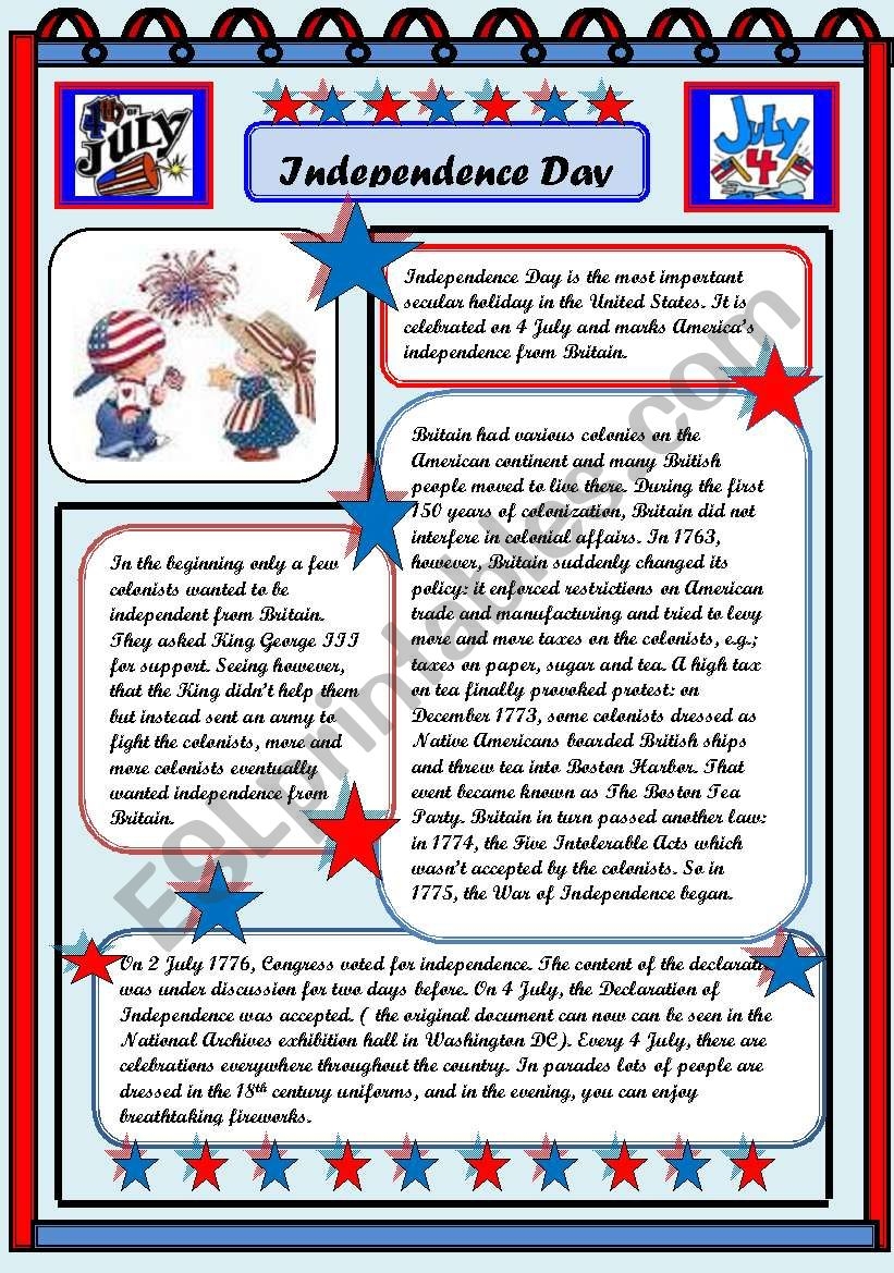 Independence Day 4 July READING COMPREHENSION 2PAGES ESL Worksheet By Zizou27300
