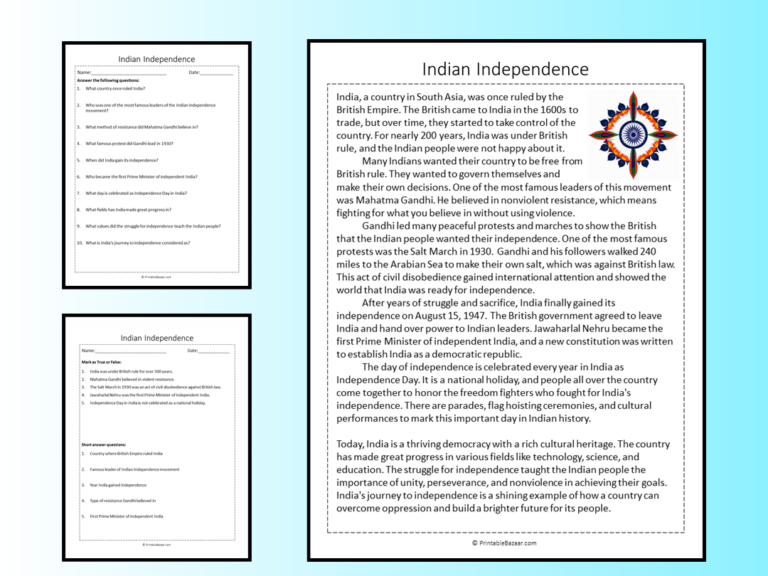 Indian Independence Reading Comprehension Passage Printable Worksheet Teaching Resources