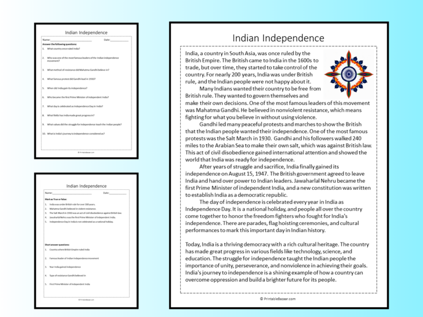 Indian Independence Reading Comprehension Passage Printable Worksheet Teaching Resources