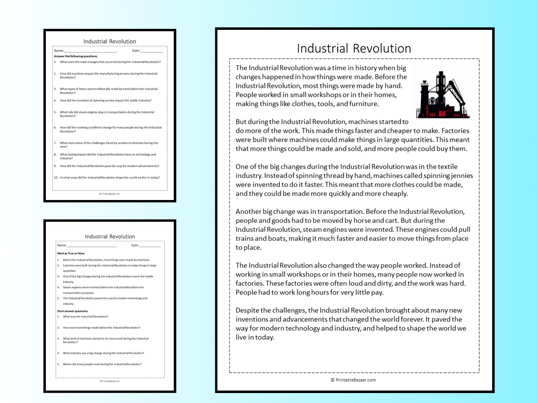 Industrial Revolution Reading Comprehension Passage Printable Worksheet Teaching Resources
