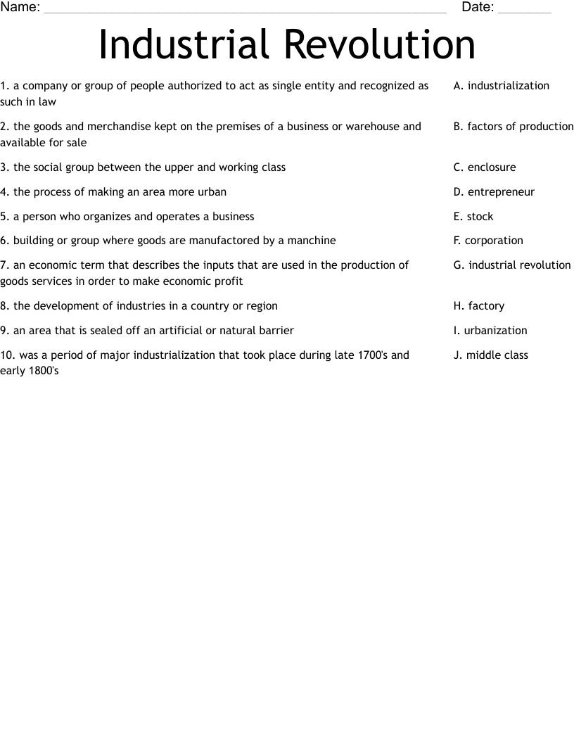 Industrial Revolution Worksheet WordMint