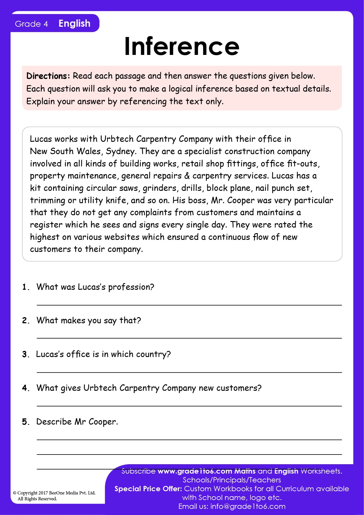 Inference Worksheets For Grade 4 Grade1to6 Worksheets Library