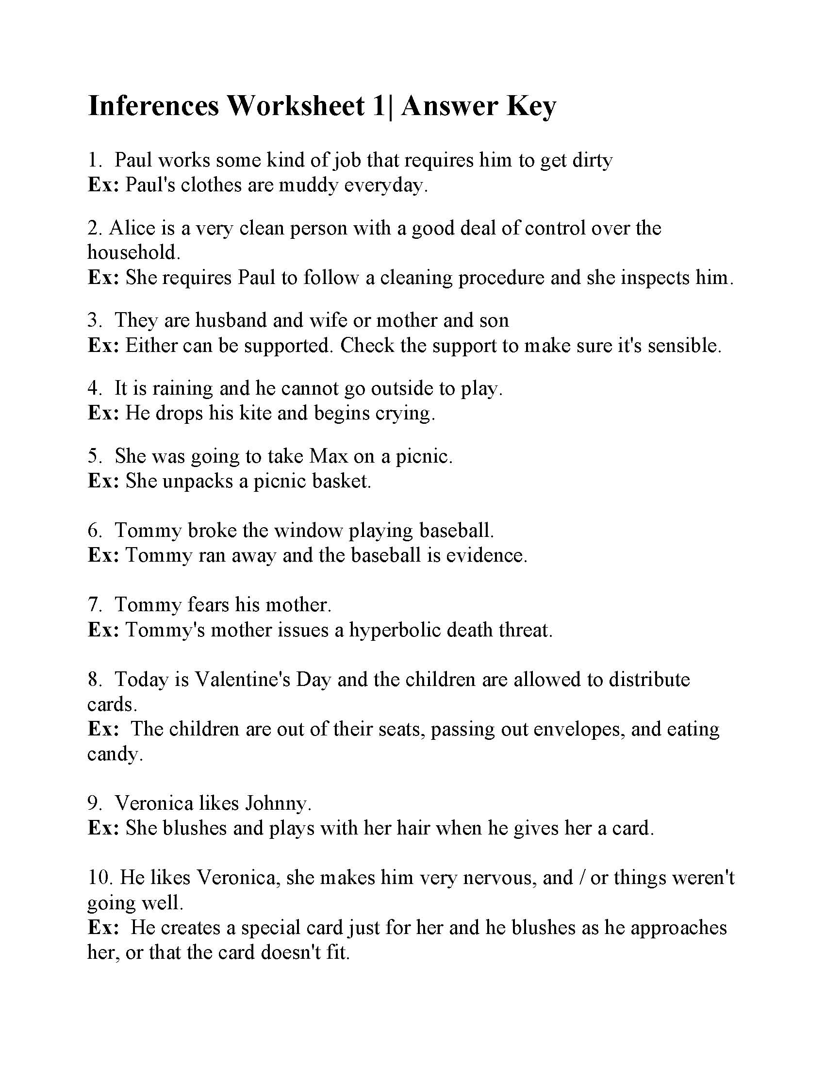 Inferences Worksheet 1 Reading Activity Inferences Worksheet 1 Reading Activity