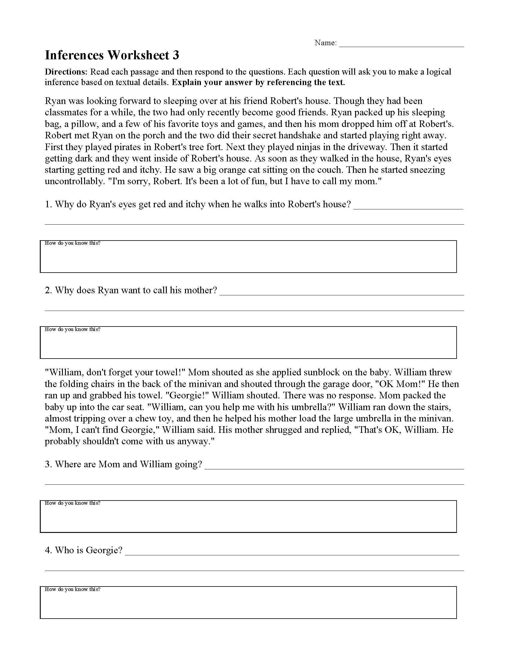 Inferences Worksheet 3 Reading Activity