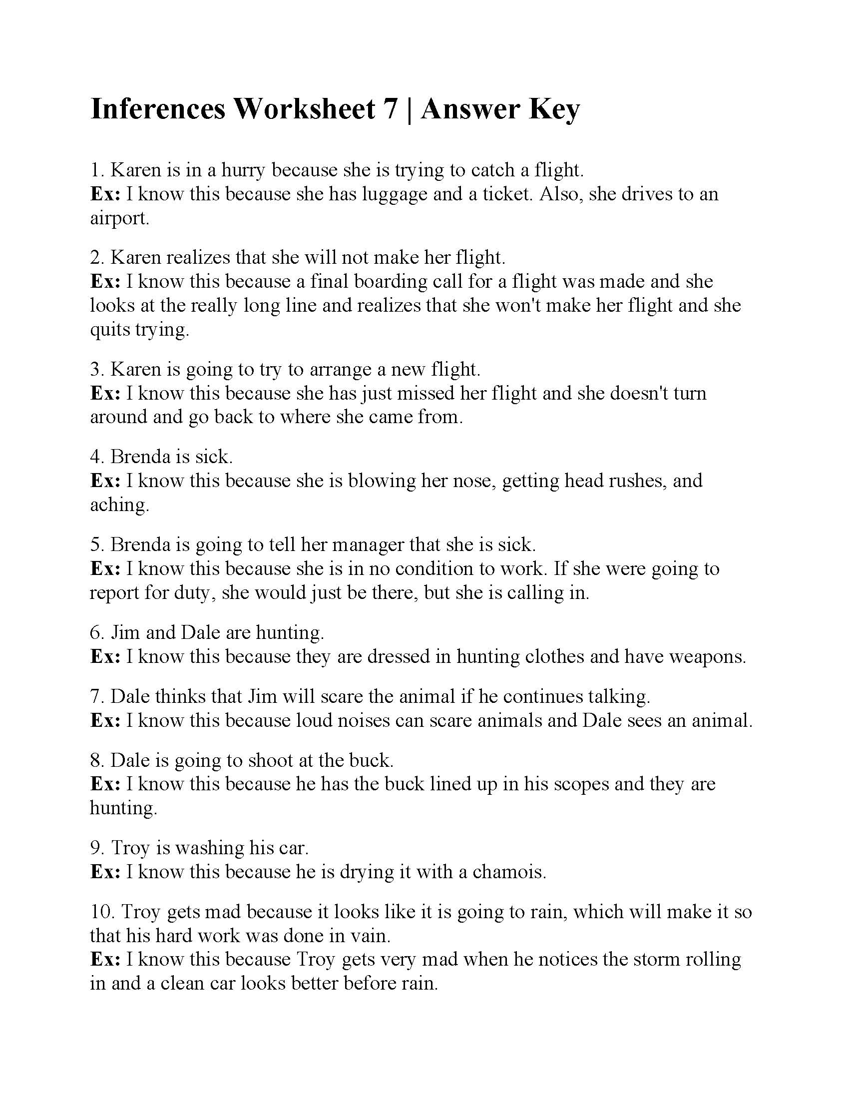 Inferences Worksheet 7 Reading Activity