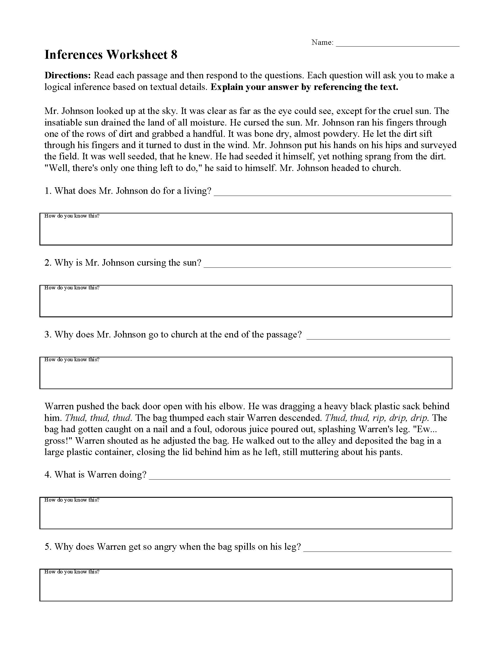 Inferences Worksheet 8 Reading Activity