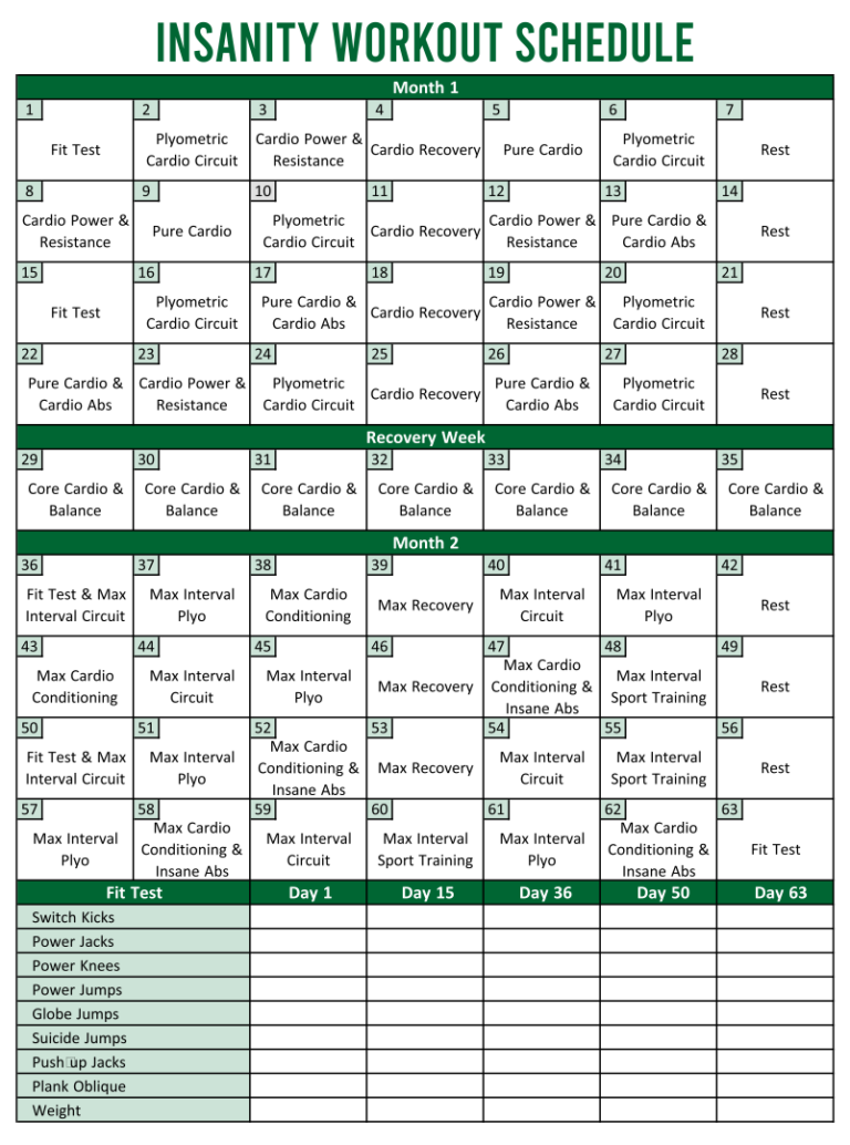 Insanity Workout Schedule 10 Free PDF Printables Printablee