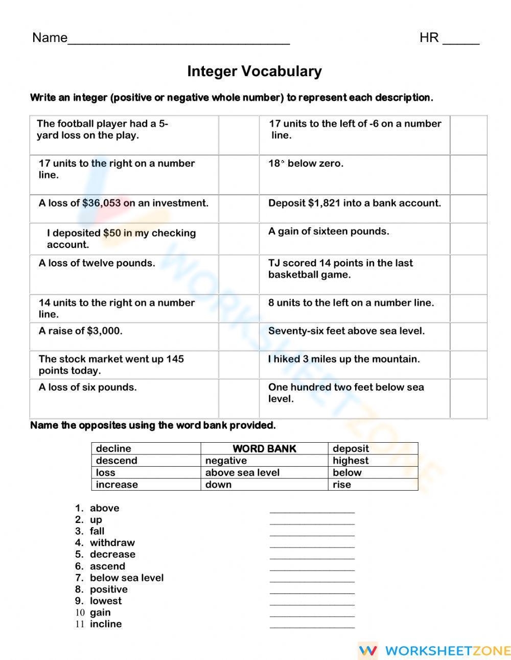 Integer Vocabulary Worksheet
