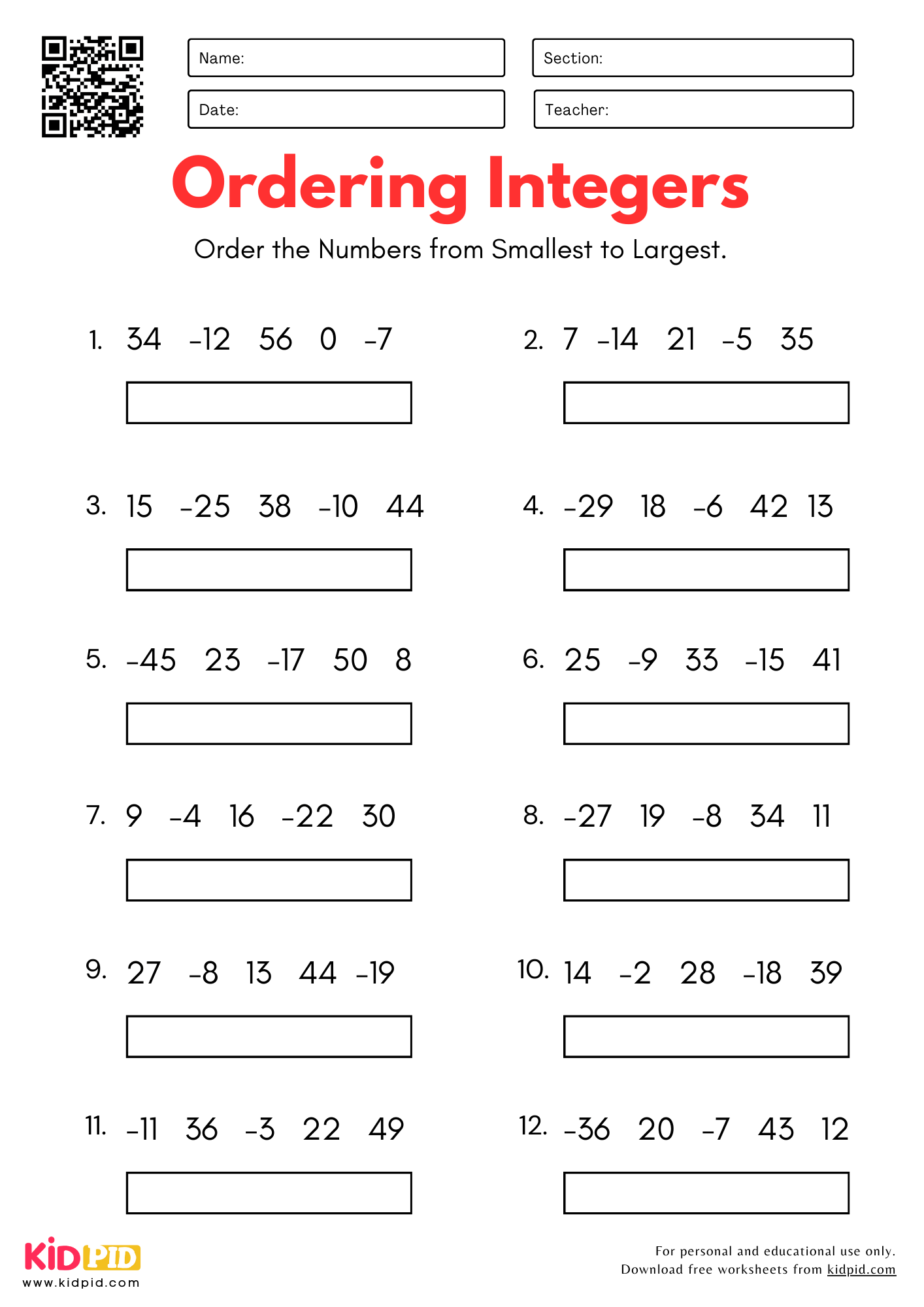 Integers Worksheet For Grade 5 Kidpid