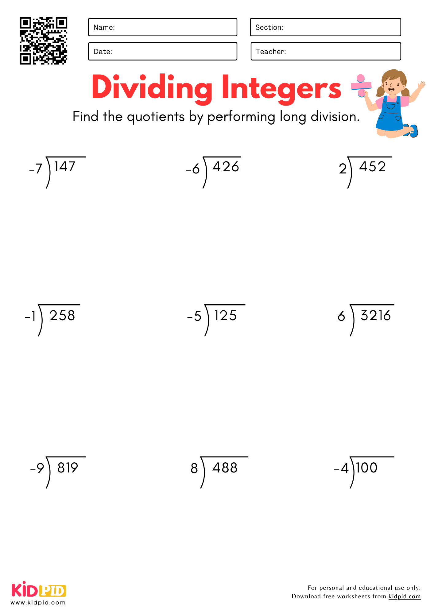 Free Printable Algebra Worksheets Integers