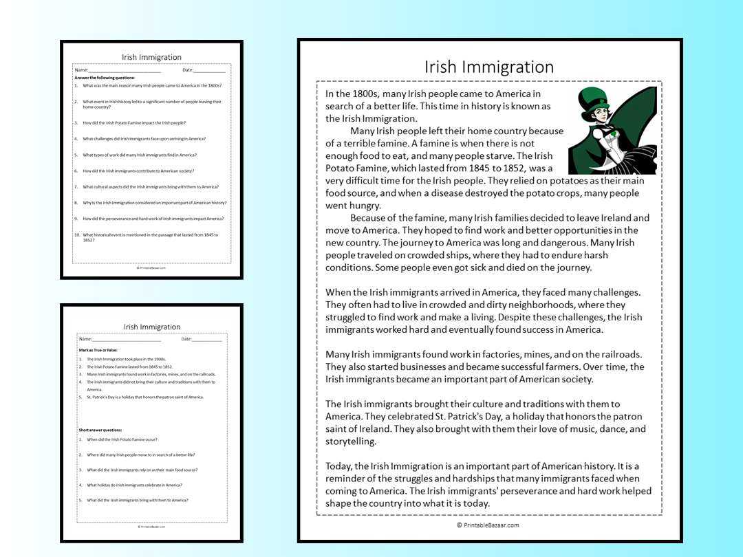 Irish Immigration Reading Comprehension Passage Printable Worksheet Teaching Resources Irish Immigration Reading Comprehension Passage Printable Worksheet Teaching Resources