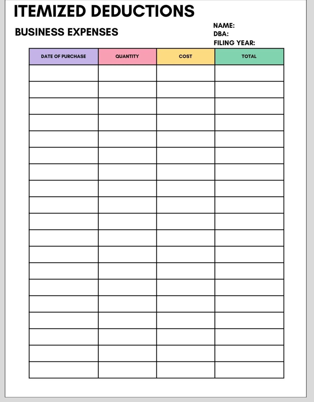 Itemized Deductions For Small Business Template Etsy