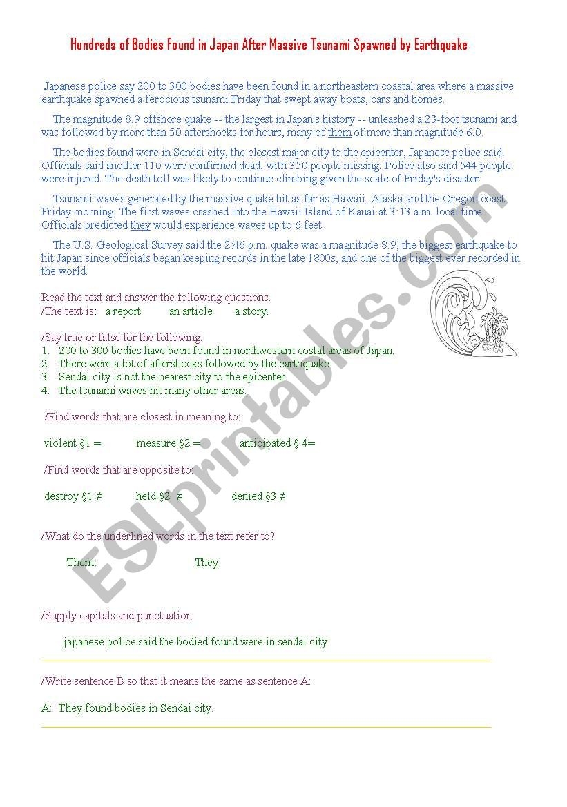 Japan Earthquake 2011 ESL Worksheet By Fadifai