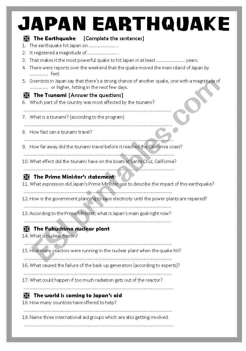 Japan Earthquake a Video Activity ESL Worksheet By Serene