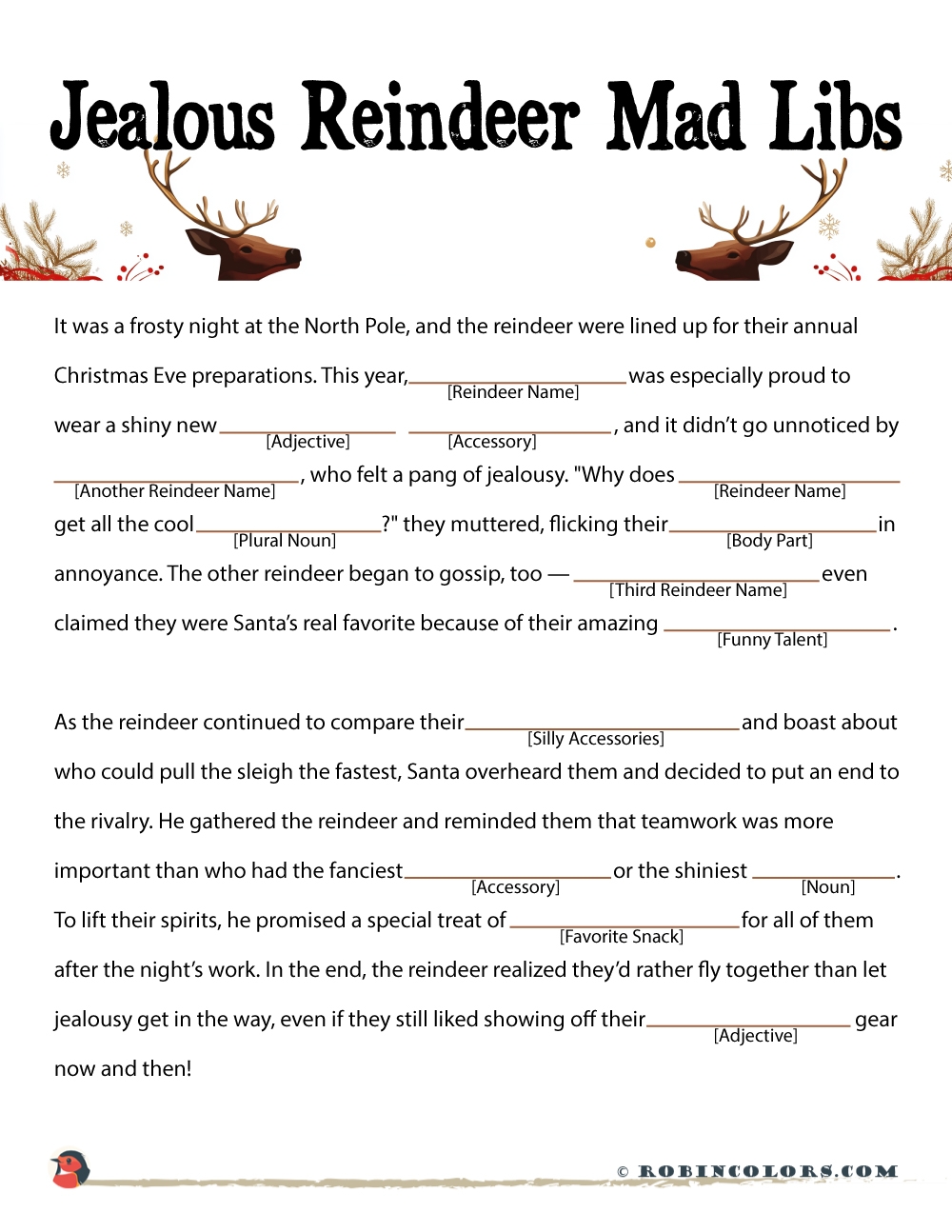 Jealous Reindeer Mad Libs Printable Robin Colors