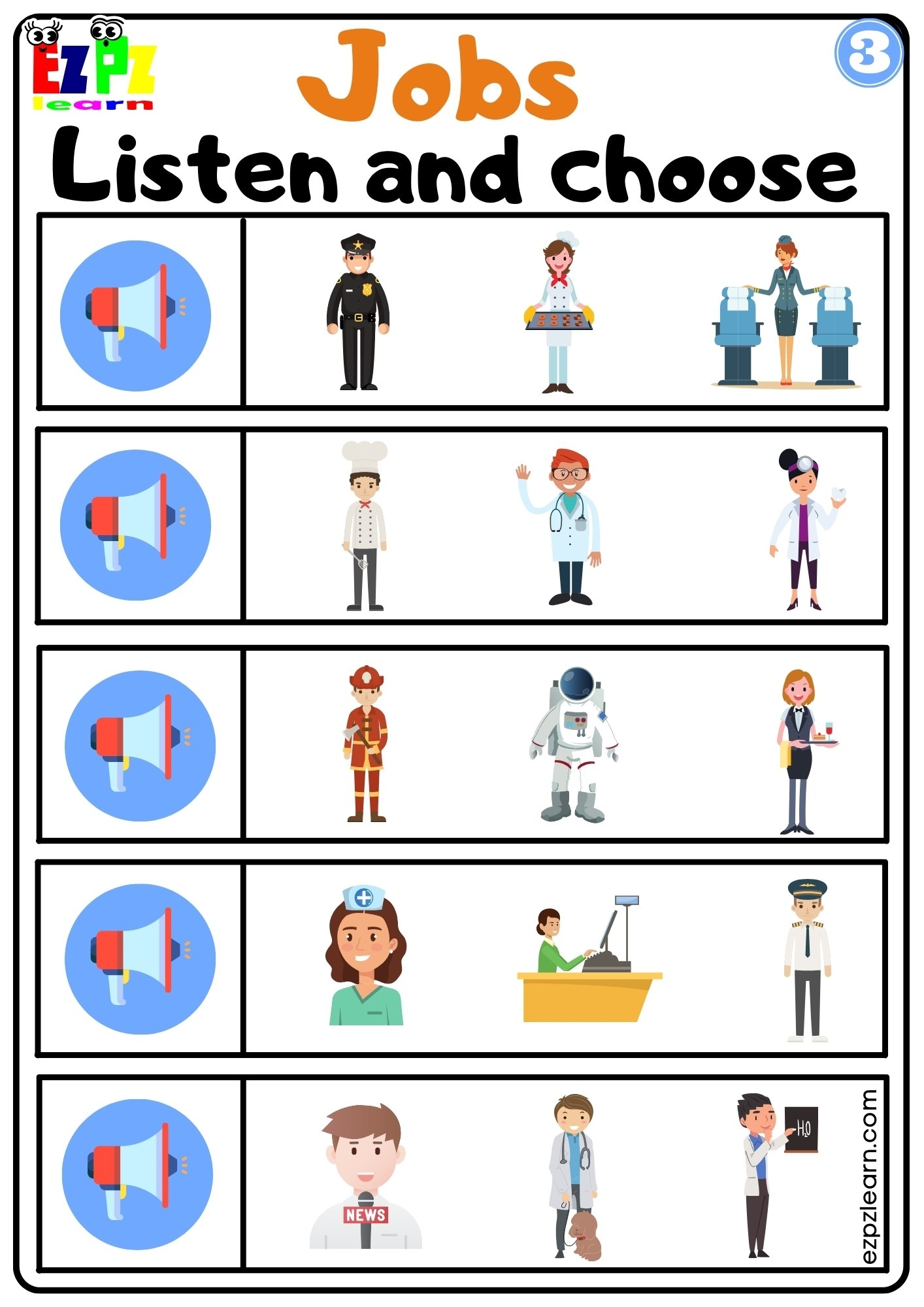 Jobs Vocabulary Interactive Worksheet Listen And Choose The Correct Images Activity For Kids K5 And ESL Students G3 Ezpzlearn