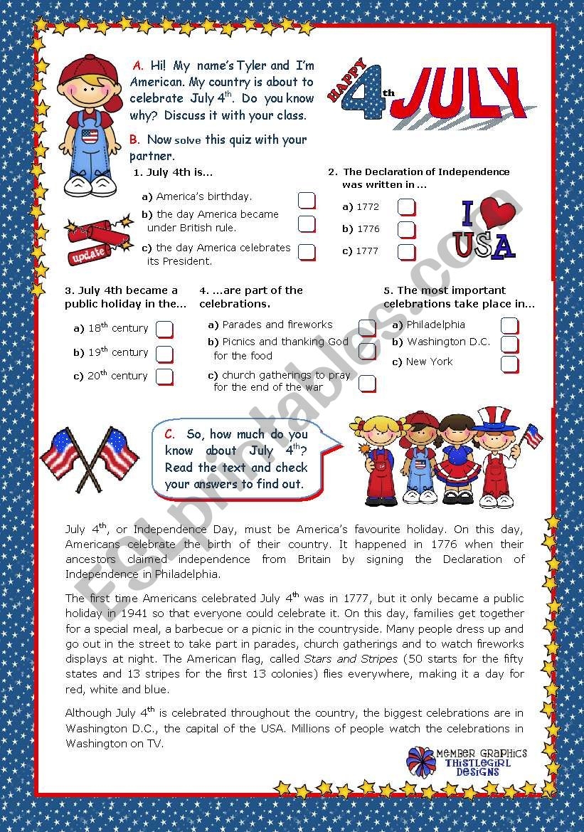 July 4th Happy Birthday America Quiz Reading Comprehension