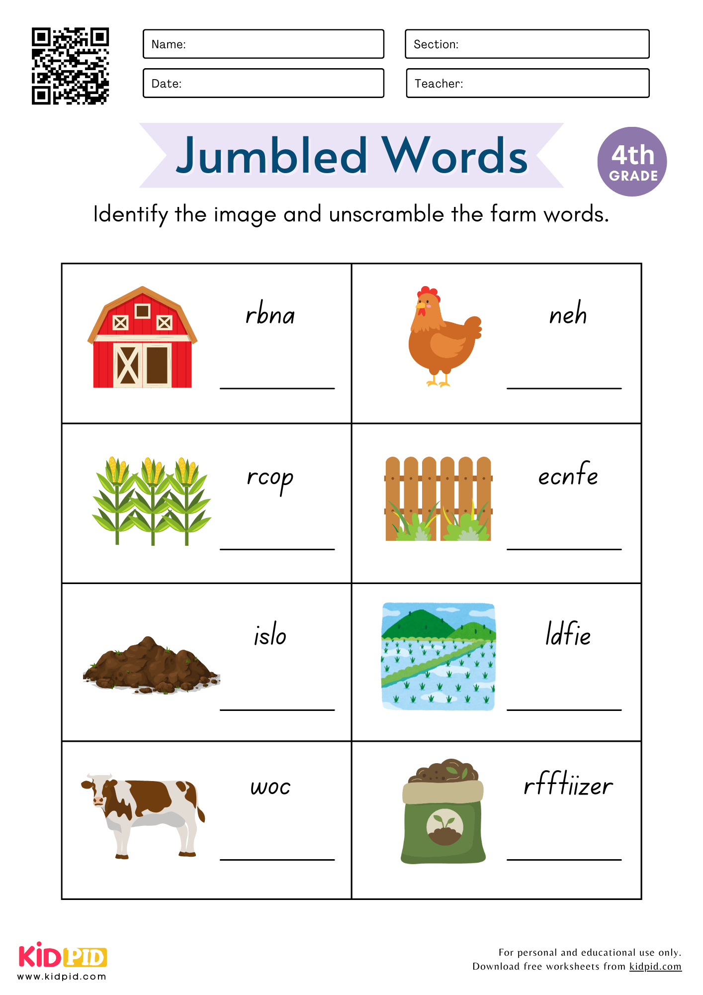 Jumbled Farm Words Worksheet For Grade 4 Kidpid