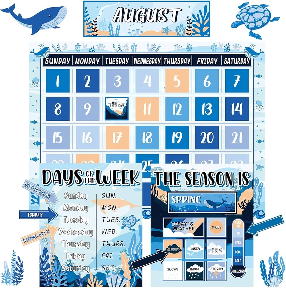 Justforjoyful Ocean Sea Calendar Bulletin Board Set For Classroom Decoration Sea Animals Calendar Seasons Weather Chart Ocean Theme Fish CTP Bulletin 