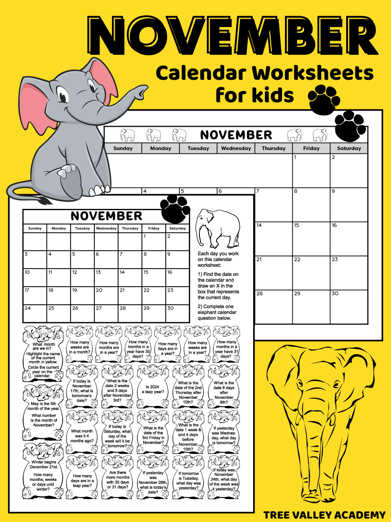 Kids Printable Calendar Worksheet For November 2026 Kids Printable Calendar Worksheet For November 2026