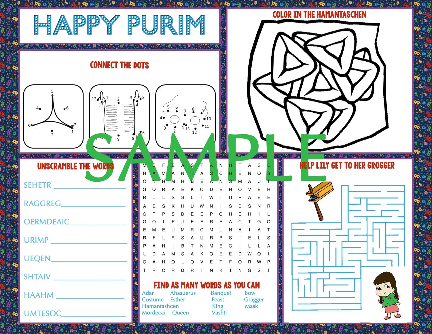 Kids Purim Activity Printable Placemat Instant Download Etsy