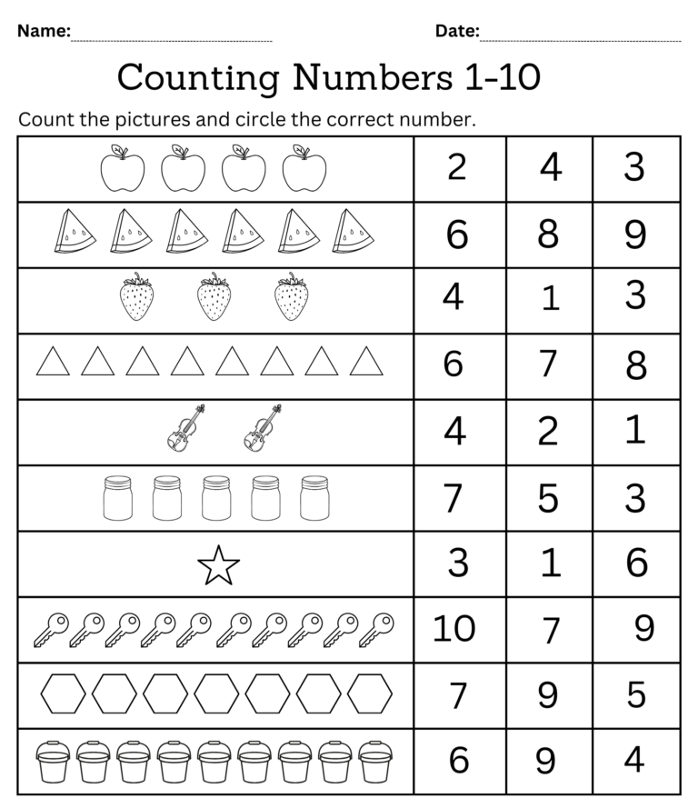 Kindergarten Math Counting Objects Worksheets 1 10 Black And White