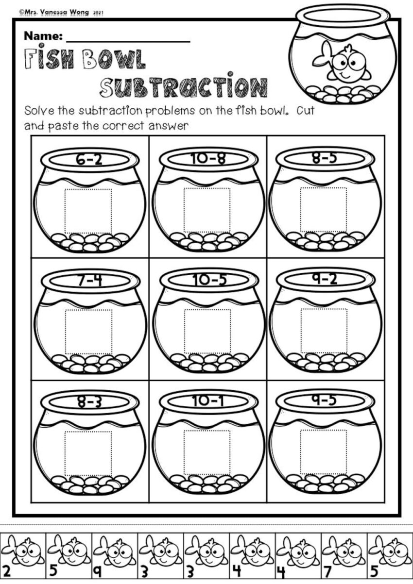 Kindergarten Math Worksheets Cut And Paste Subtraction Distance Learning Etsy