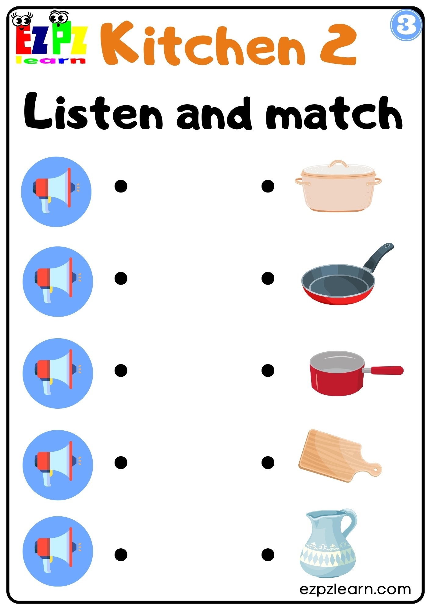 Kitchen Objects Vocabulary Interactive Worksheet Listen And Match The Correct Images Activity For Kids And ESL Students G3 Ezpzlearn