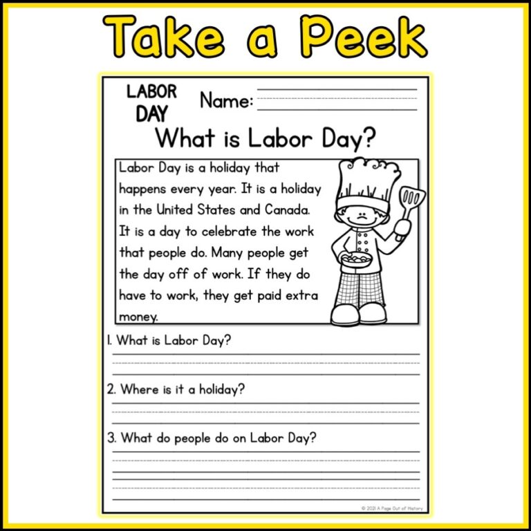 Labor Day Holidays Reading Comprehension Passages K 2