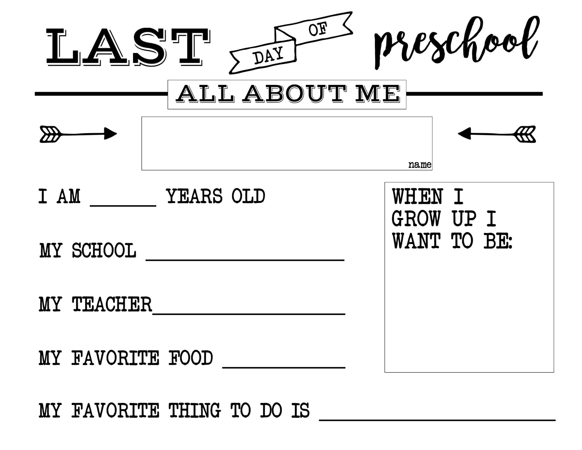 Last Day Of Preschool Questionnaire Printable