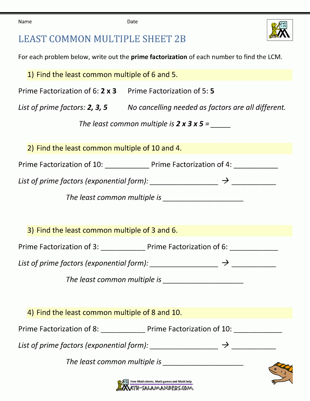 Least Common Multiple Worksheets Page