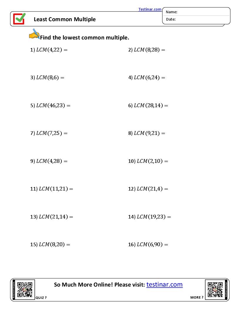Least Common Multiple Worksheets