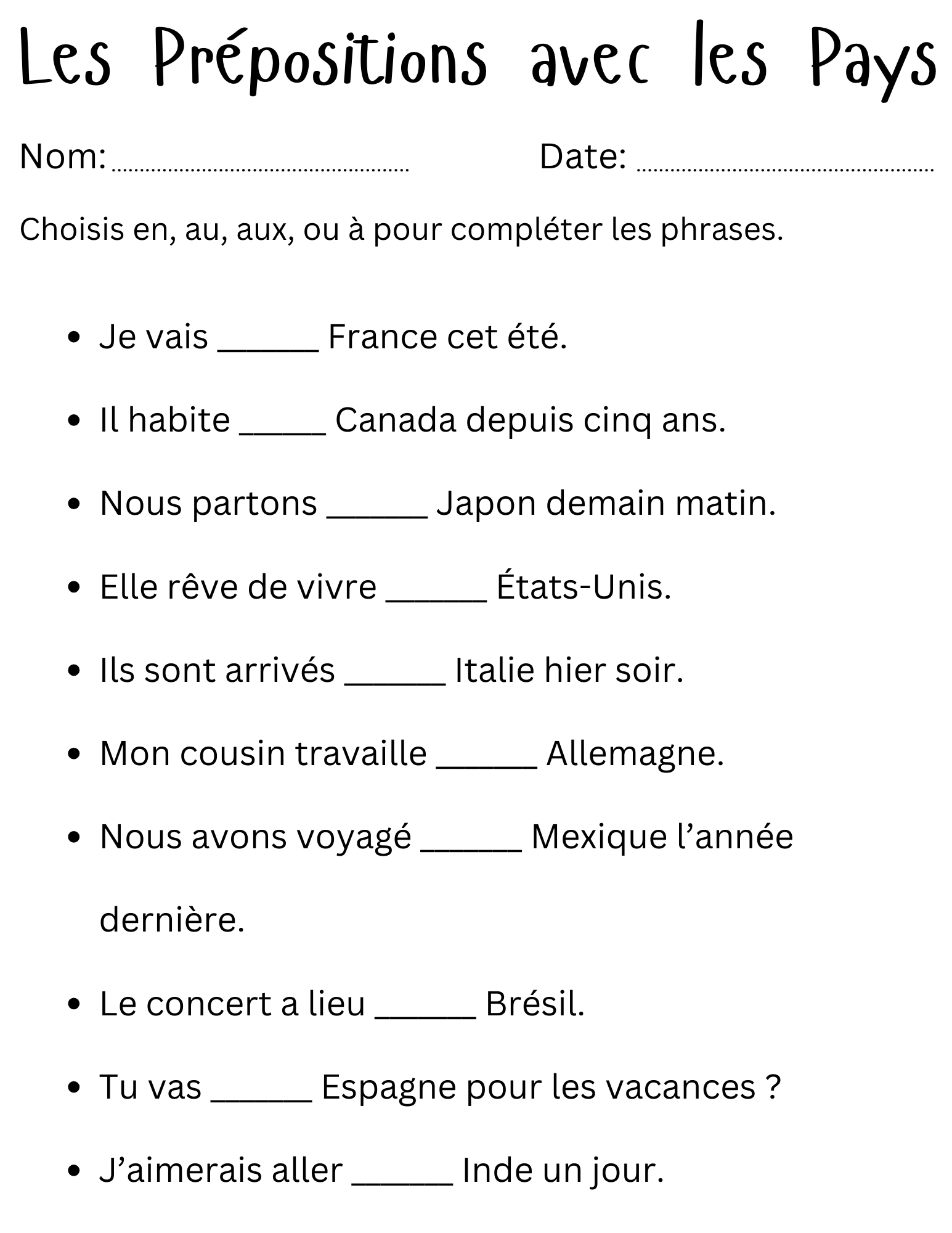 Les Pr positions Avec Les Pays Prepositions Of Countries In French Exercises Teaching Resources