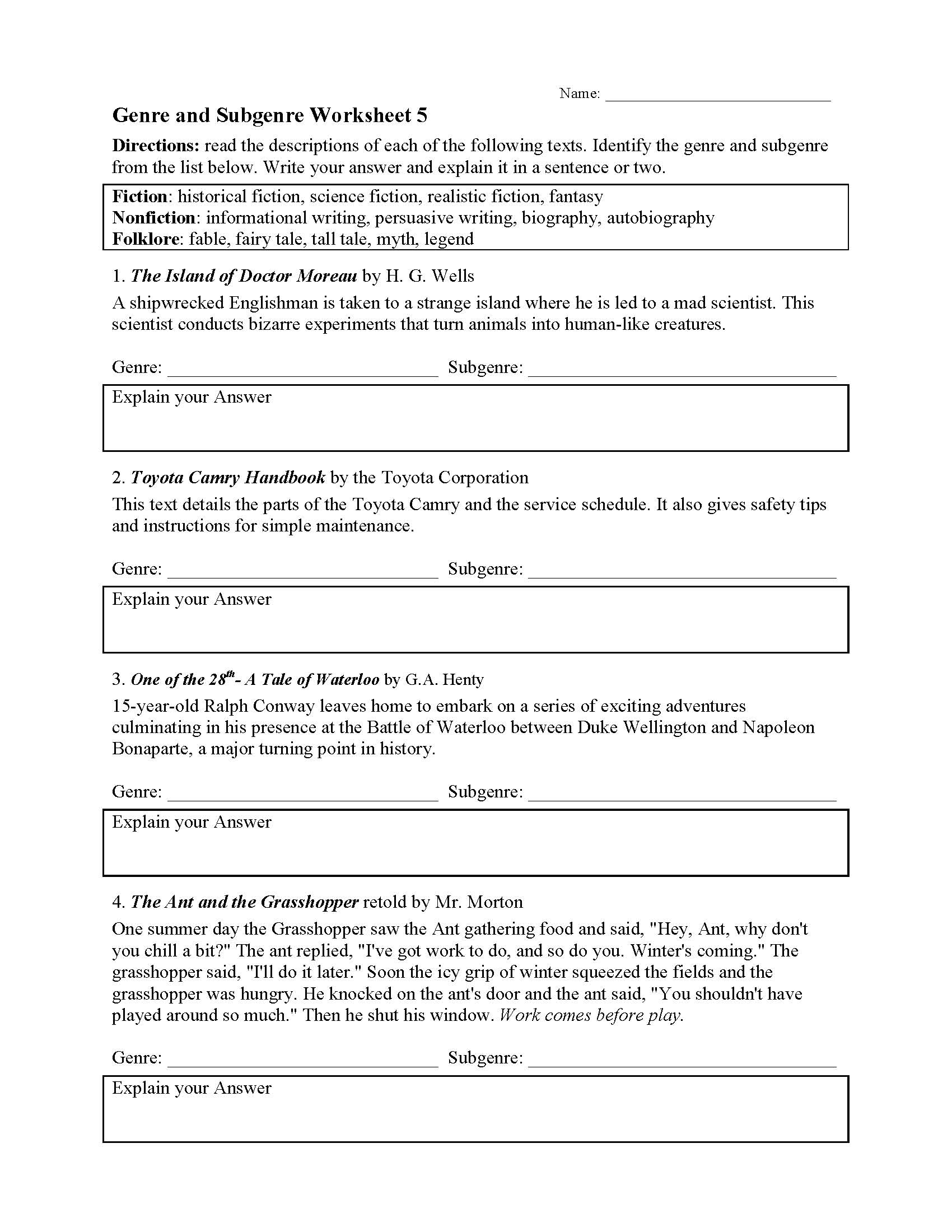 Literary Genre Ereading Worksheets Literary Genre Ereading Worksheets