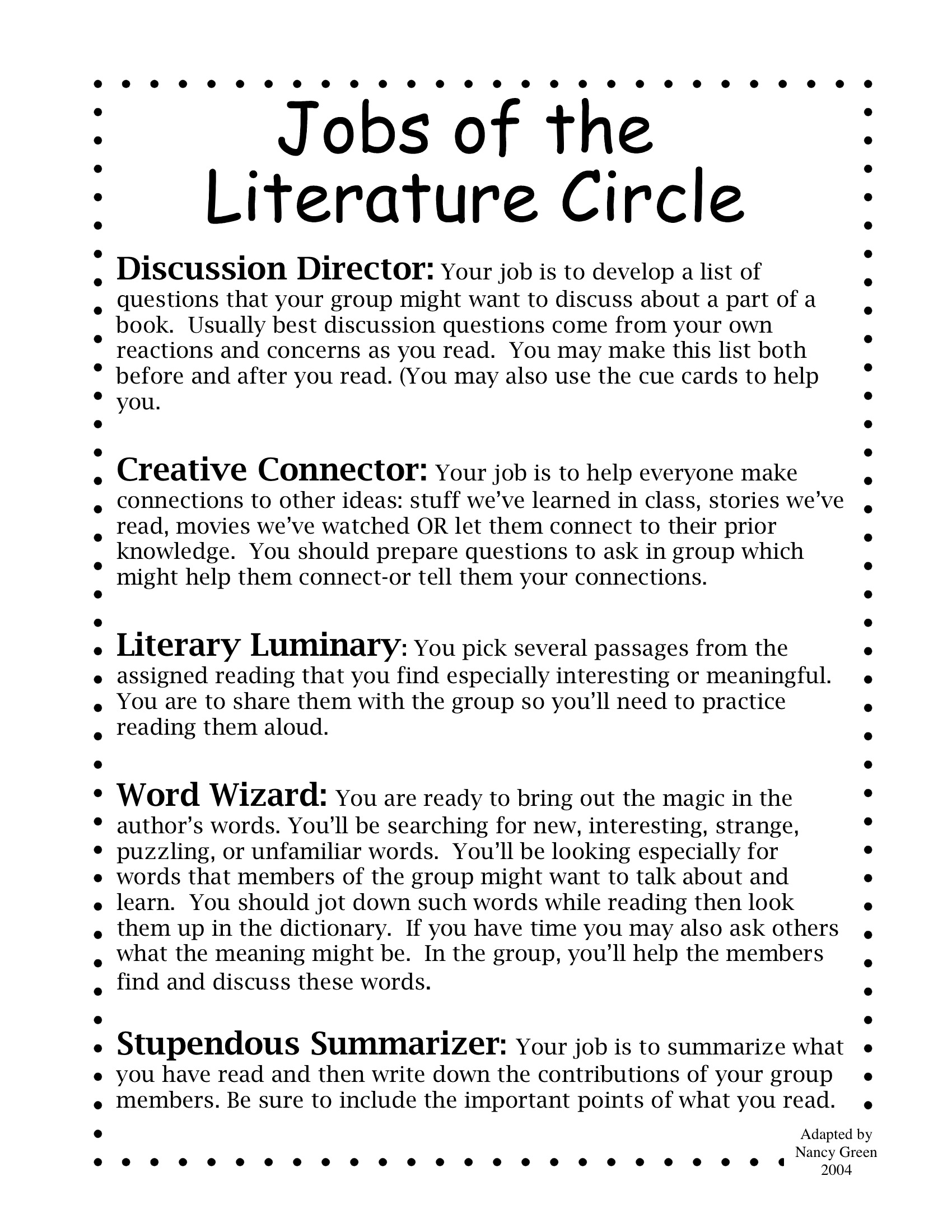 Literature Circle Handouts Not My Work 2nd 6th Grade Jake Dury Literature Circle Handouts Not My Work 2nd 6th Grade Jake Dury