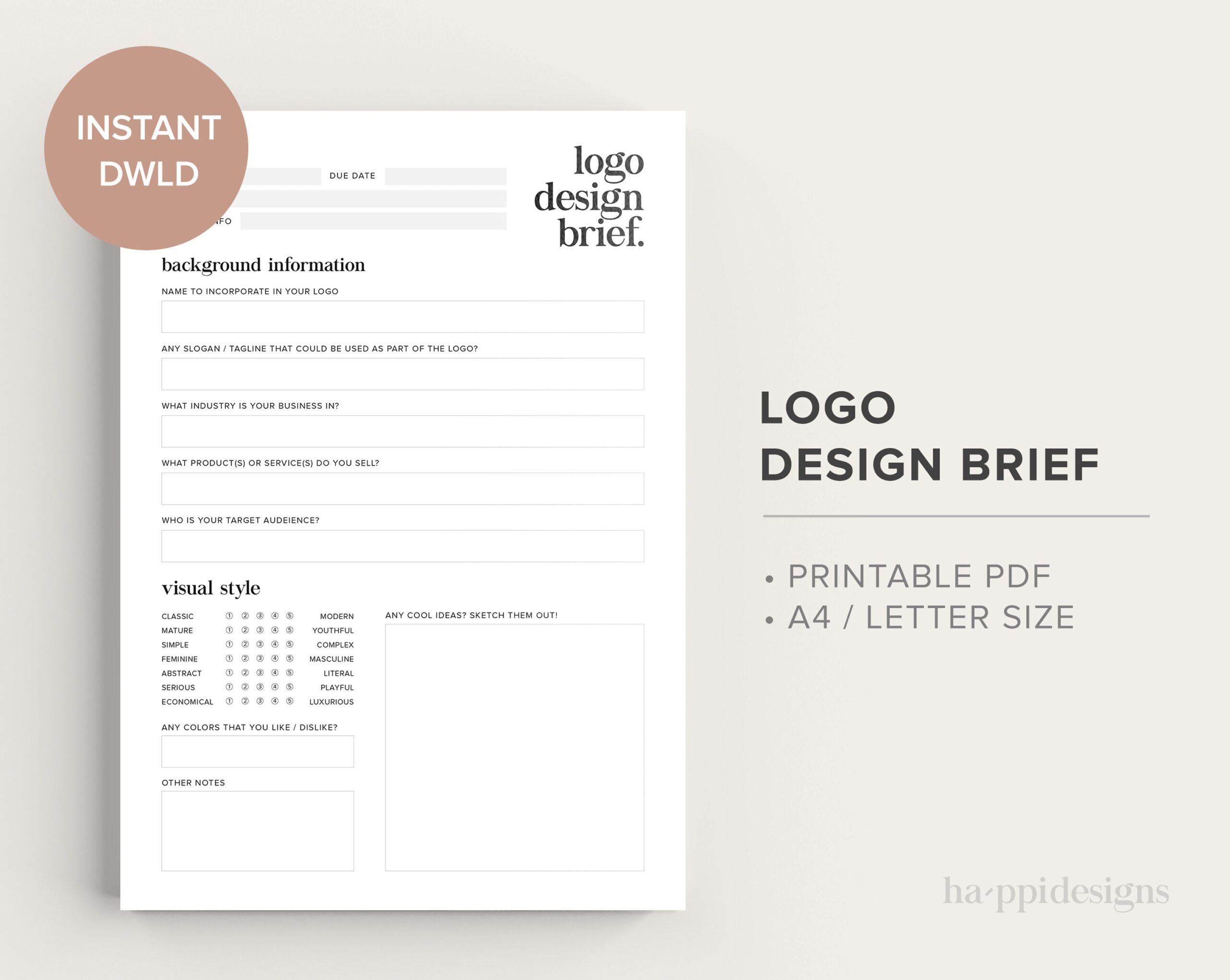Logo Design Brief Printable PDF A4 U0026 Letter Size Creative Brief Client Questionnaire Instant Download Etsy Logo Design Brief Printable PDF A4 U0026 Letter Size Creative Brief Client Questionnaire Instant Download Etsy