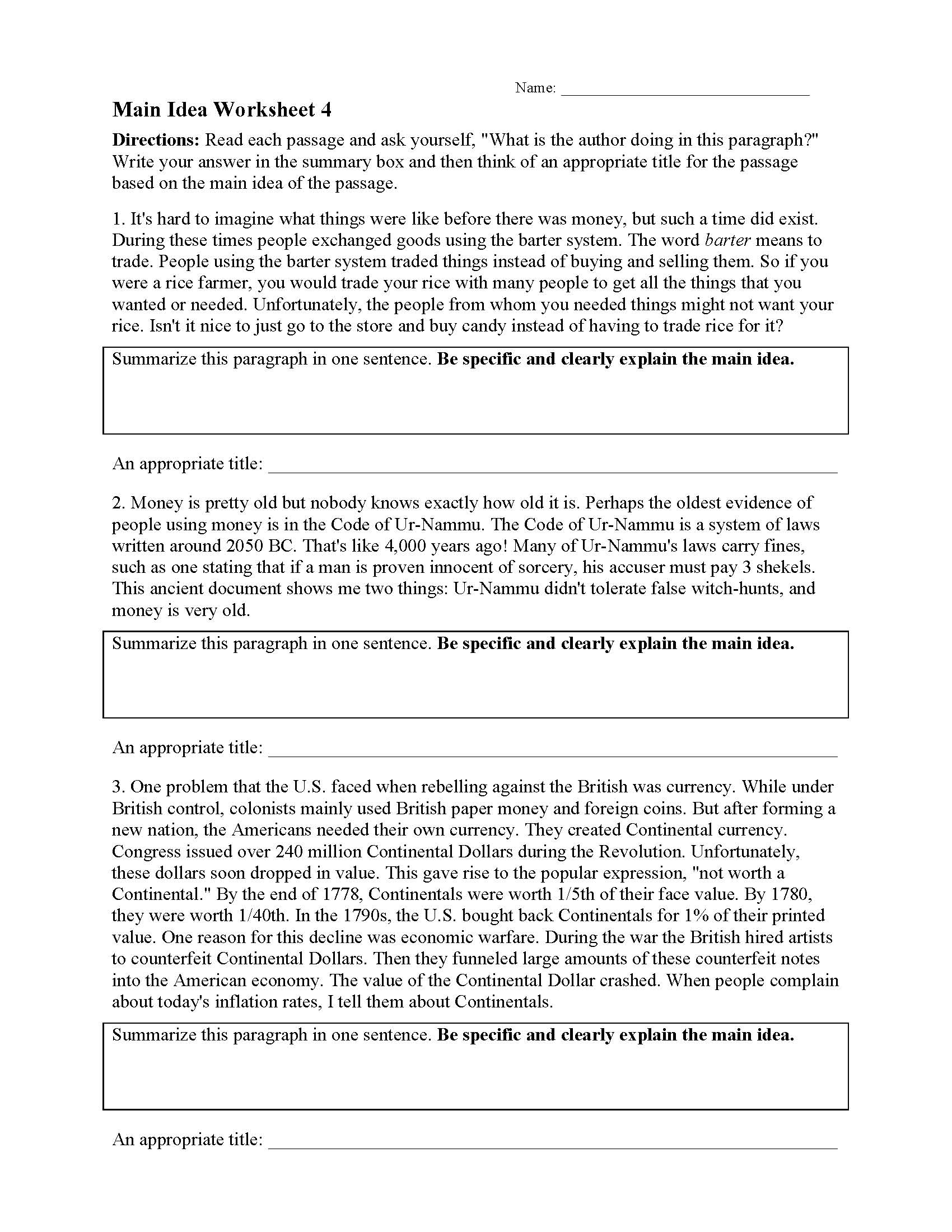 Main Idea Worksheet 4 Reading Activity Main Idea Worksheet 4 Reading Activity